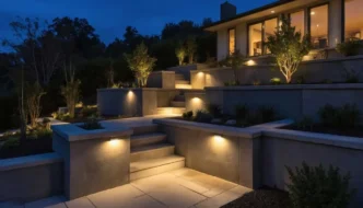 Hardscape lighting tucked underneath ledges of retaining walls flanking steps leading to the backdoor of a house at dusk.