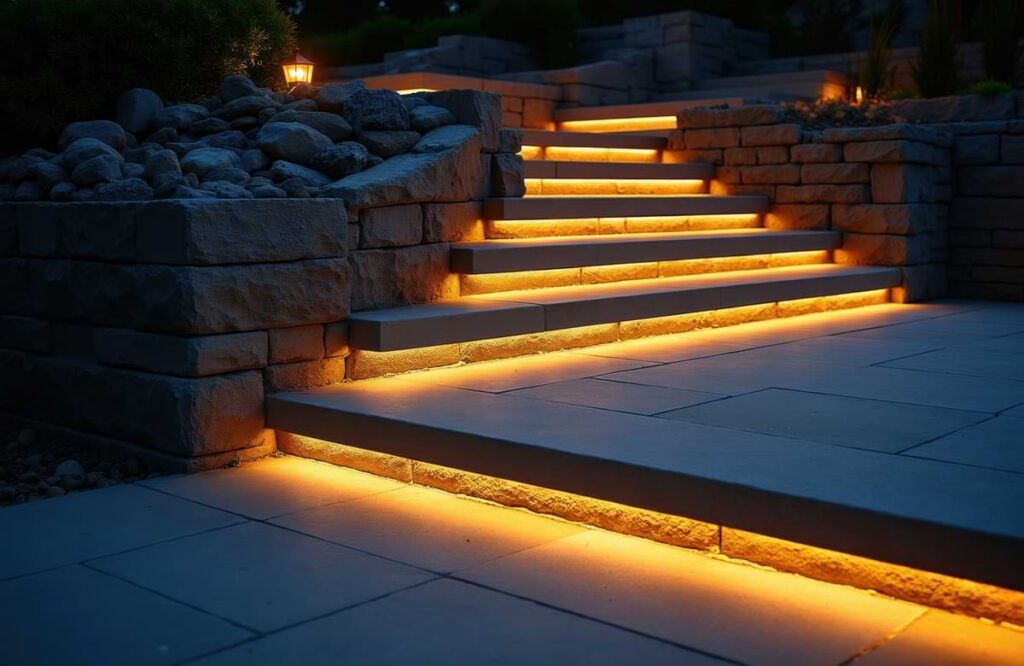 Outdoor steps illuminated by tape lights tucked under each step with garden lanterns flanking the top step, offering a modern spin on path lighting.