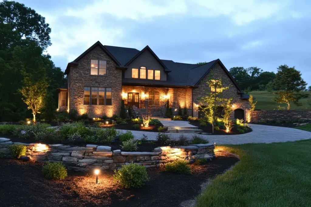 Backyard of elaborate house illuminated with landscape lighting, including a flagstone retaining wall at the foreground with hardscape outdoor lighting shining from the ledge.