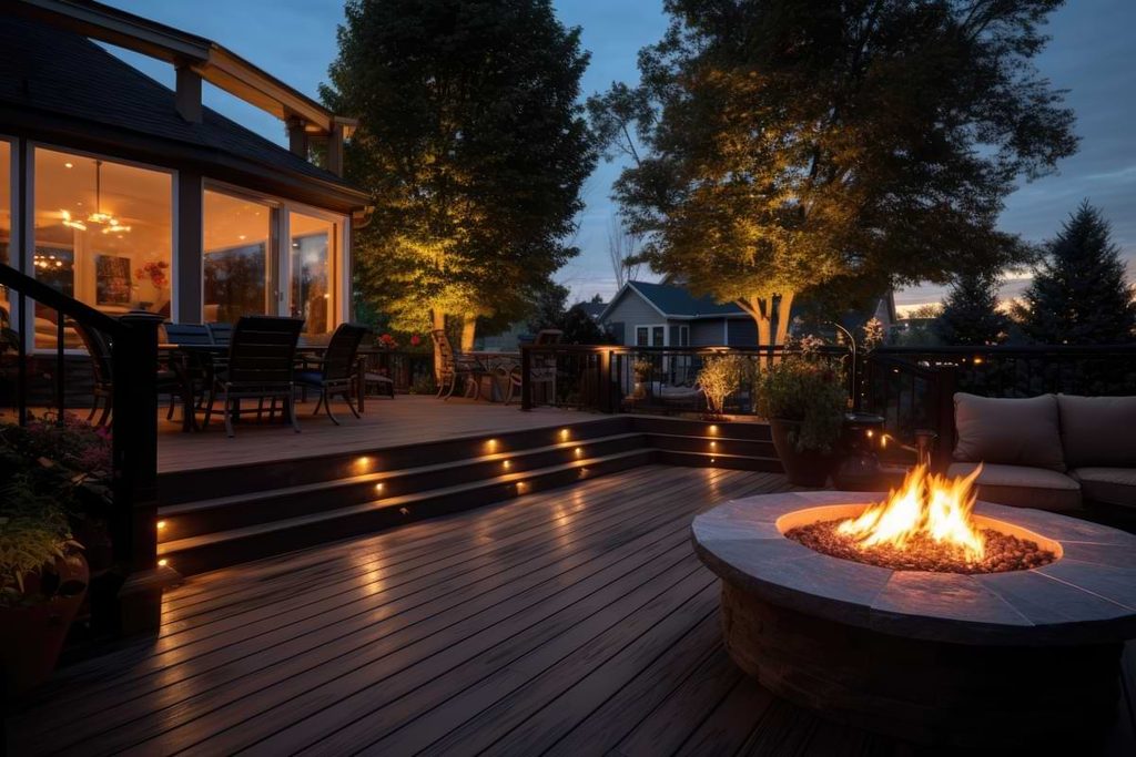 Backyard deck with hardscape lighting peaking from step treads leading to a lit fire pit.