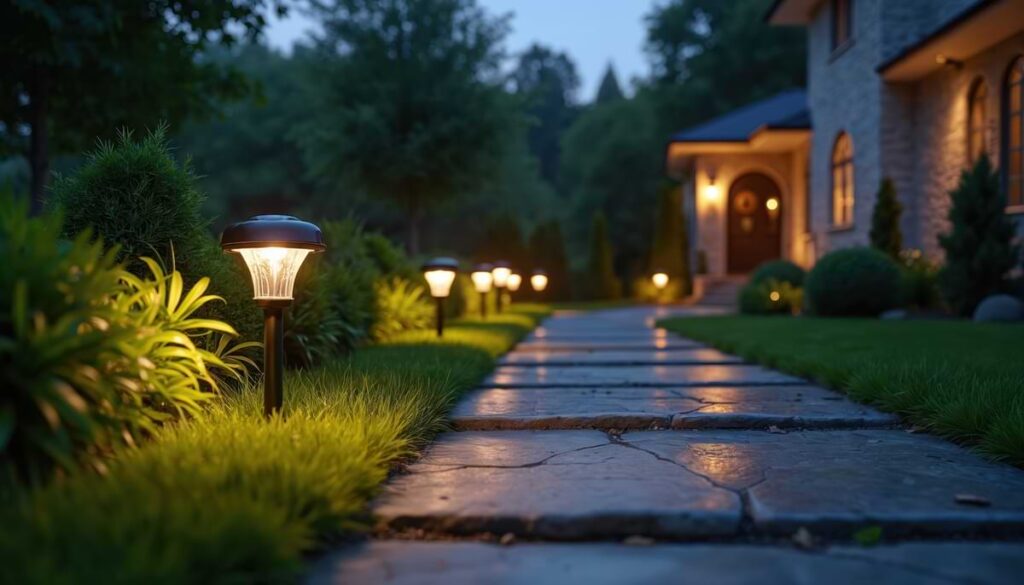 Solar path lights lining the left side of a residential walkway.