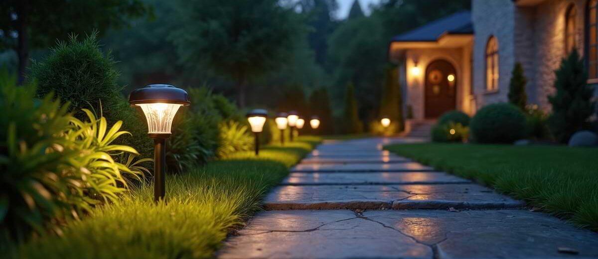 Solar path lights lining the left side of a residential walkway.